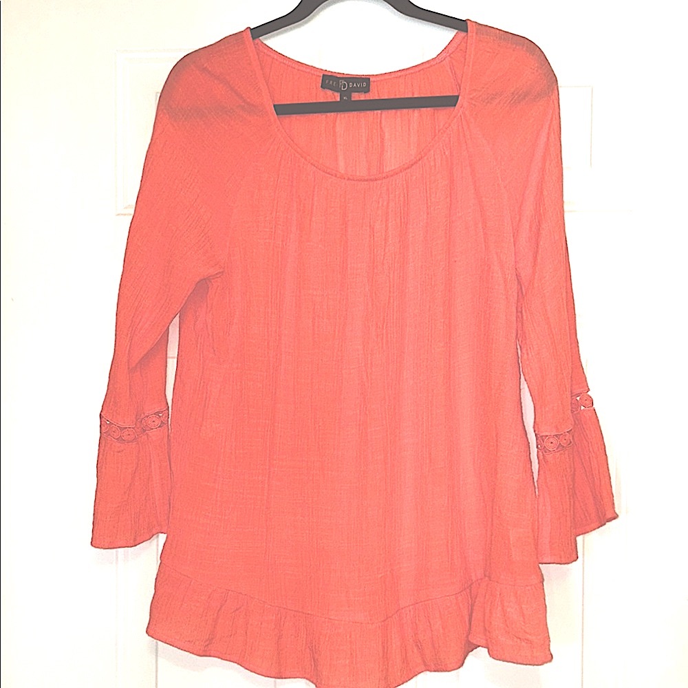 Fred David Women's Gauze Top XL Coral Lightweight Ruffles Feminine Cottagecore
